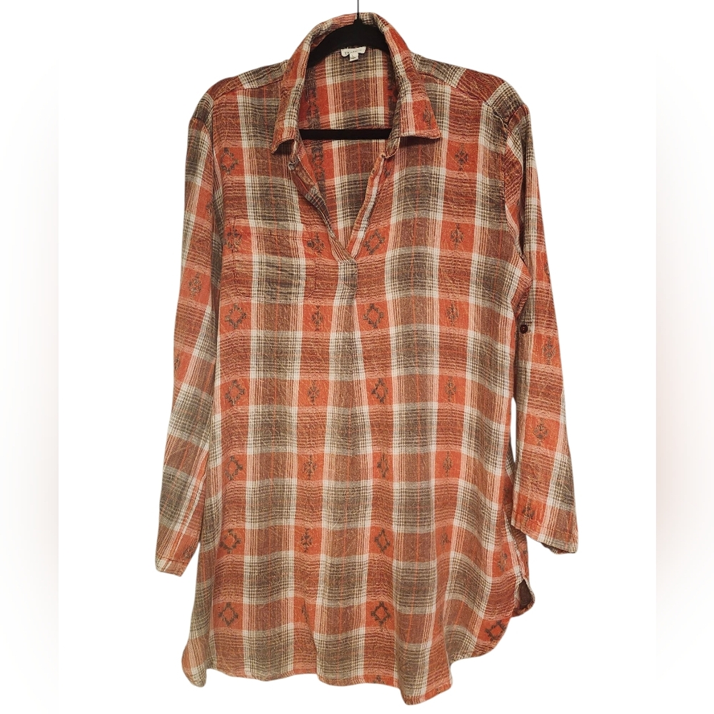 En Creme Aztec Design Long Sleeve Shirt, Size Large, 100% Cotton